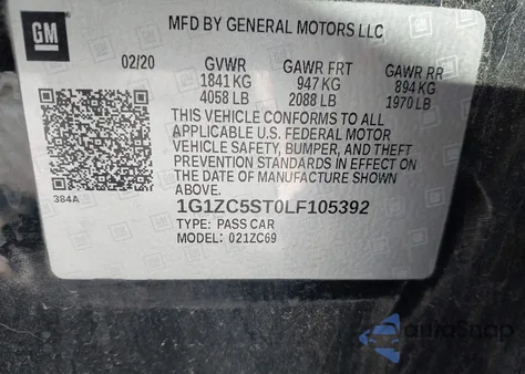 2020 Chevrolet Malibu Fwd 1Fl z USA, uszkodzony, nr VIN 1G1ZC5ST0LF105392